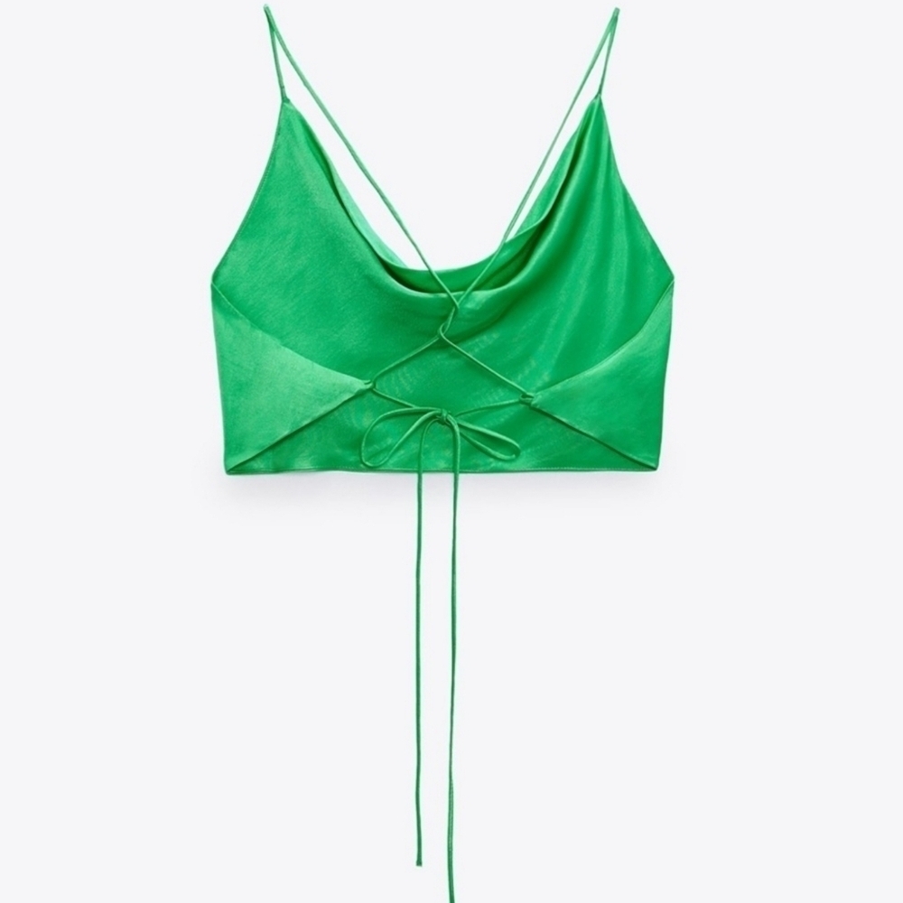 Zara Women's Satin Effect Cropped Green Halter Top, MEDIUM - Picture 6 of 14